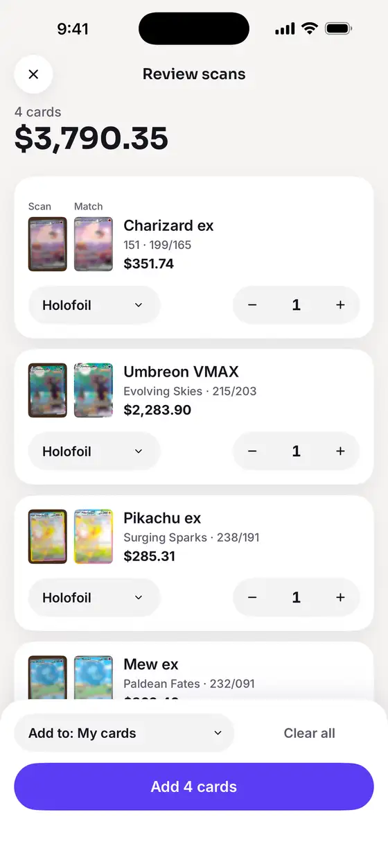 Review scans: four cards worth $3,790.35, each with the scan next to the matched card