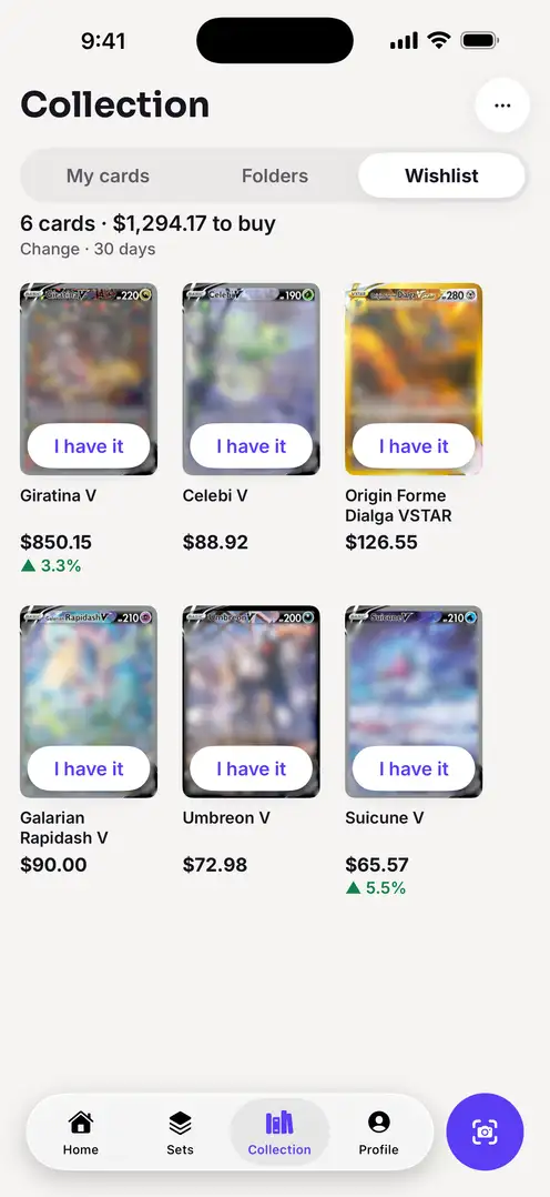 Wishlist: 6 cards, $1,294.17 to buy, each with an «I have it» button