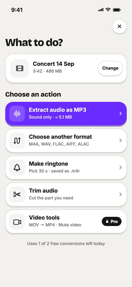 What to do screen for a 486 MB concert video: Extract audio as MP3, about 5.1 MB