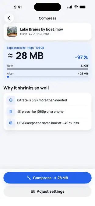 Expected size screen: 1.1 GB becomes about 28 MB, with reasons why it shrinks