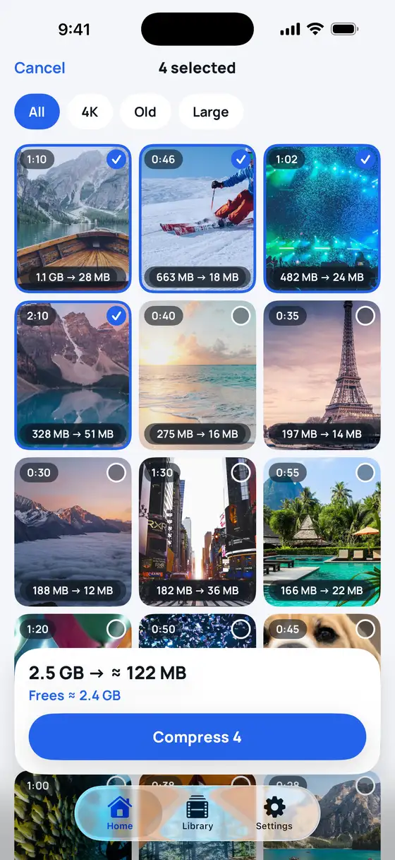 Library with several large videos selected for batch compression